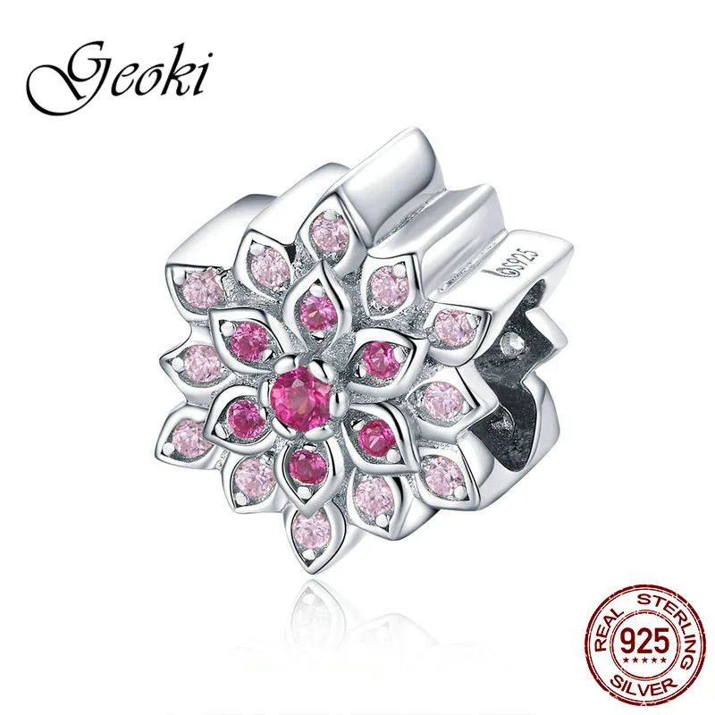 

Geoki 925 Sterling Silver Pink Cubic Zirconia Paved Lotus Beads fit Pandora Bracelet CZ Flower Shaped Charm 2019 Jewelry Making