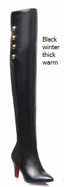 Женские осенне-зимние сапоги выше колена на высоком тонком каблуке с боковой молнией и заклепками, с острым носком, большие размеры 32-45 SXQ0813 - Цвет: Black thick warm