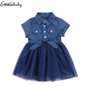 

Casual Girls Dress Toddler Kids Baby Floral Girls Jeans Mesh Patchwork Princess Denim Dress Bandage Bowknot 2-7Y