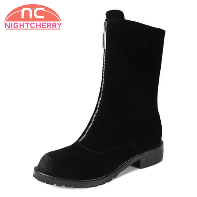 

NIGHTCHERRY Size 33-43 Woman Flats Boots Genuine Leather Zipper Woman Shoes Mid Calf Botas Simple Fashion Shoes Ladies Footwear