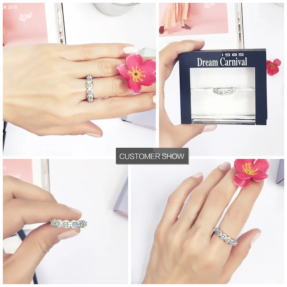 DreamCarnival 1989 New Petite Summer Jewellery Light Blue Green Glitter Zircon Trendy Women Thin Rings for Stacking SJ29898-1R