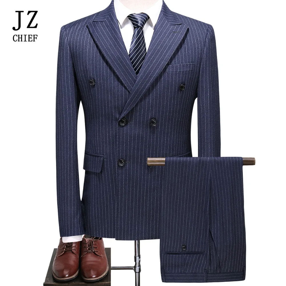 

Men Double Breasted Suit 3 Piece Stripes Groom Suit For Wedding Blazer Jacket Pants Vest Plus Size Men's Suit Formal