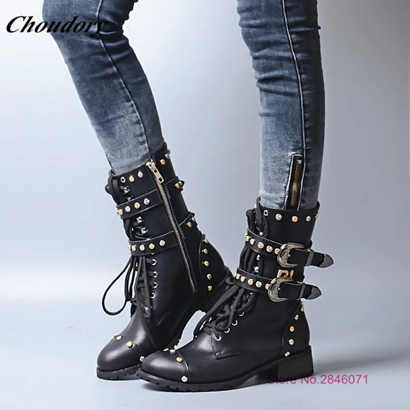 Choudory Стиль Середины Икры Botas Mujer Езда Сапоги Double Ремни Пряжки Черный босоножки
