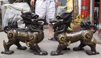 

China palace Royal Copper Bronze Feng Shui Dragon Beast Kylin Kilin unicorn Pair