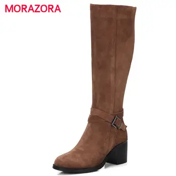

MORAZORA 2018 new autumn winter round toe fashion boots square heel cow suede leather boots high heel zipper knee high boots
