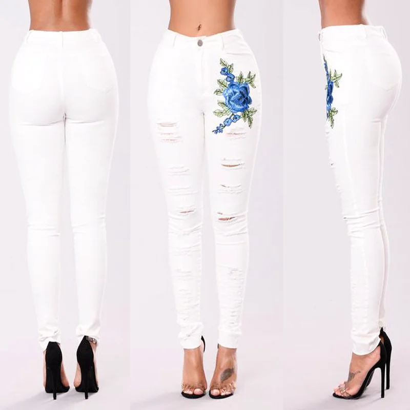 

2019 New Women's white Jeans Decorative Hole Pants With High Waist Embroidery Trousers For female Vintage Plus Size XXXL student