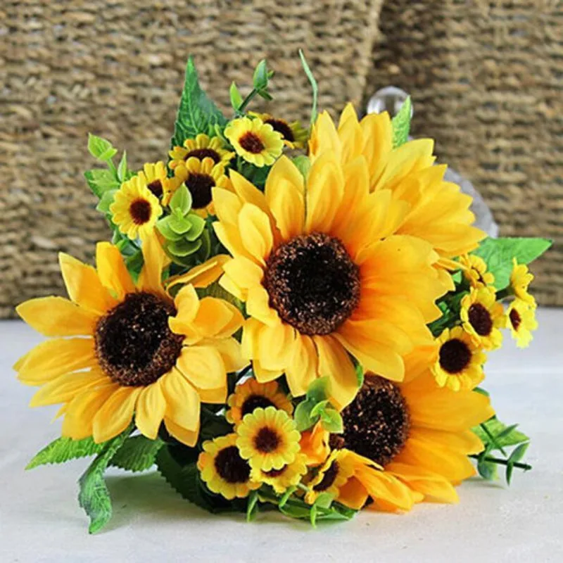 

7 HIGHT Quality silk flower European 1 Bouquet Artificial Flowers Fall Vivid Sunflower Fake Leaf Wedding Home Party Decoration