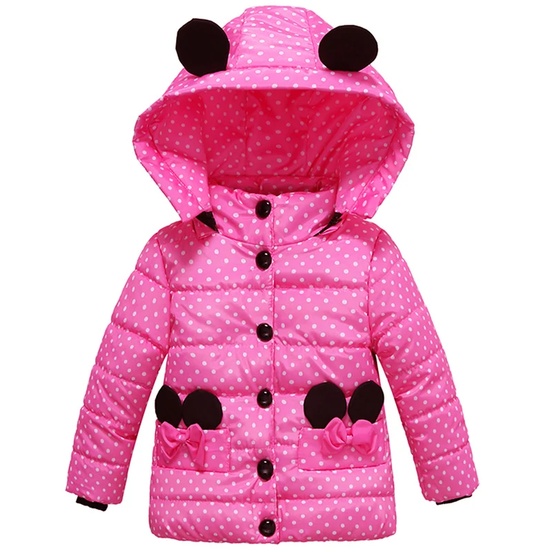 Зимнее пальто для девочек, милый детский пуховик с капюшоном для маленьких мальчиков, пальто в горошек с бантом на пуговицах для детей 1, 2, 3, 4 лет, детская одежда