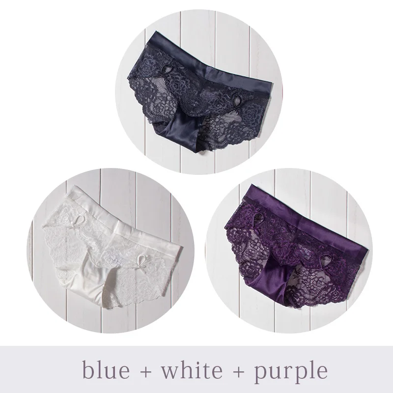 DULASI, сексуальные кружевные прозрачные трусики, нижнее белье для женщин, бесшовные хлопковые дышащие трусы для женщин, средняя талия, 3 шт./лот, нижнее белье - Цвет: Blue White Purple