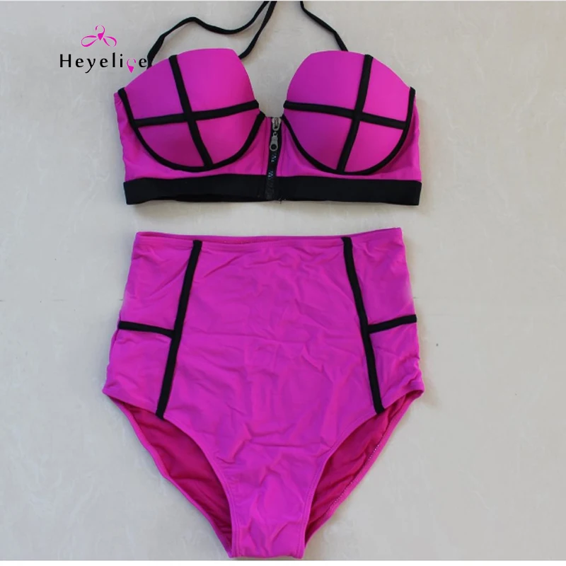 Kaufen Sexy Hohe taille Bikini Set Badeanzüge Frauen Push Up Bikinis HighWaist Zipper Badeanzüge Vintage Bademode Retro Biquinis