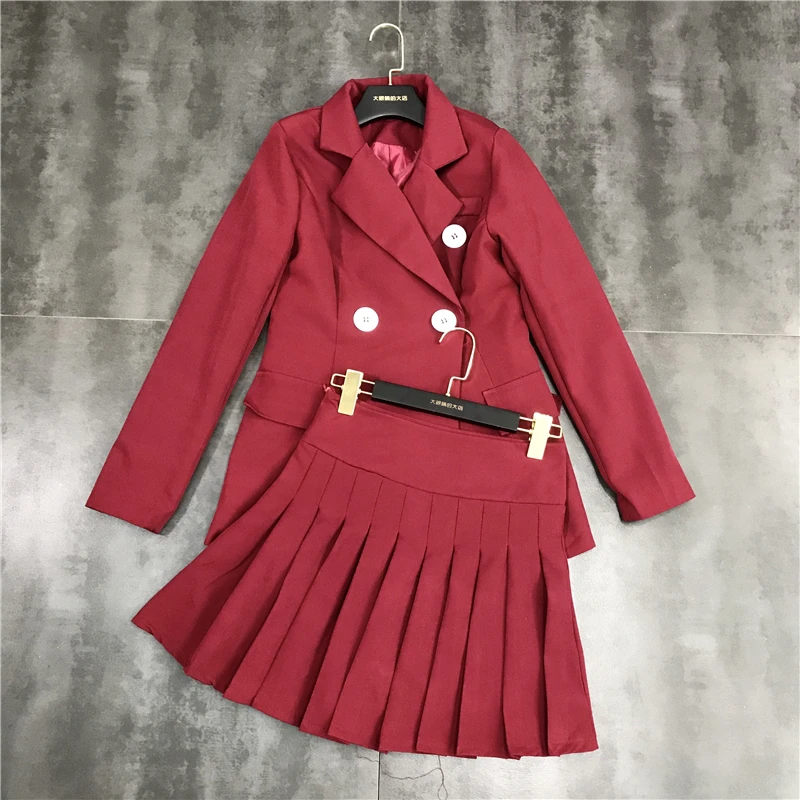 

OL Double Row Button Skirt Set Blazer Jacket + Pleated Skirt Two-piece Set Female 2019 Spring New Suit