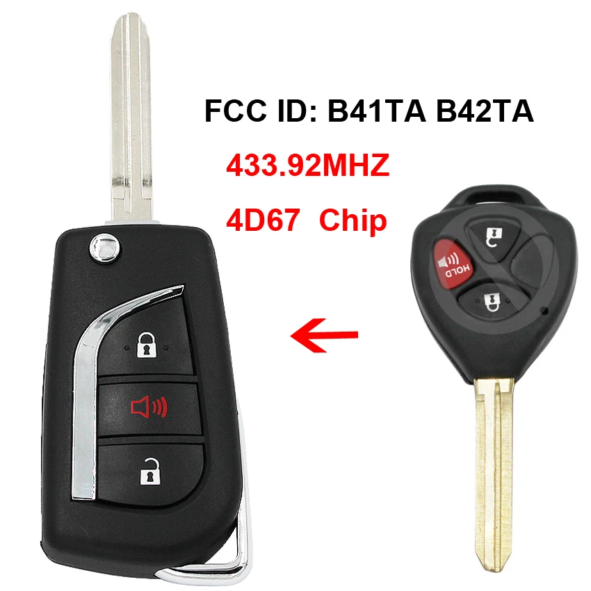 

3 Button Folding Flip Remote Car Key 433.92Mhz 4D67 Chip FCC ID: B41TA B42TA for Toyota Camry Corolla Hilux 2005 2006 2007 2008