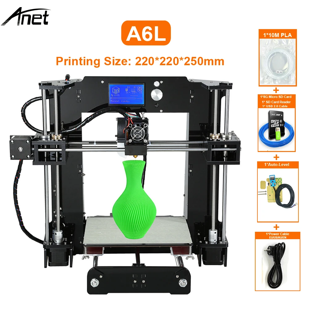 Anet A6L 3d принтер с самонивелирующимся высокой точностью офлайн Печатный стол 3D DIY Kit принтер 200*200*240 мм USB sd-карта подключение