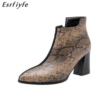 

ESRFIYFE 2019 New Women Ankle Boots High Quality Leather and Flock Mixed Color Shoes Winter Thick Heel Pointed Toe Boots Shoes