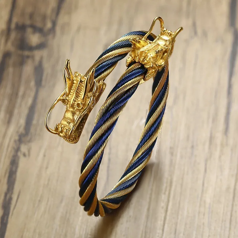 

Men's Stainless Steel Naga Double Dragon Open Cuff Bracelet Two Tone Twisted Cable Elastic Adjustable Bangle Mens Accessories