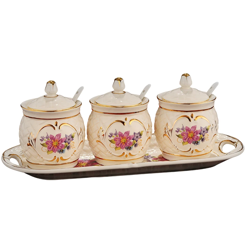 

Ceramic Sugar and Creamer Container Porcelain Spice Jar Set Bottle with Spoon Tray Kitchen Storage Bottle
