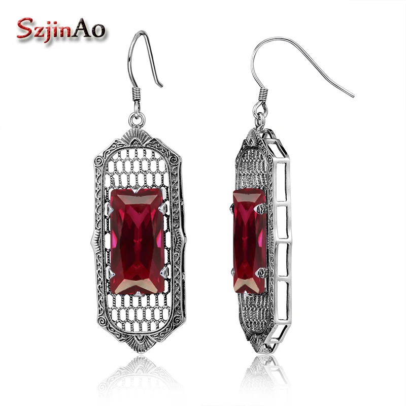 

Szjinao South Korea Ruby Solid 925 Sterling Silver Earrings Female Long Earrings for Women Vintage Crystal Jewelry Gifts