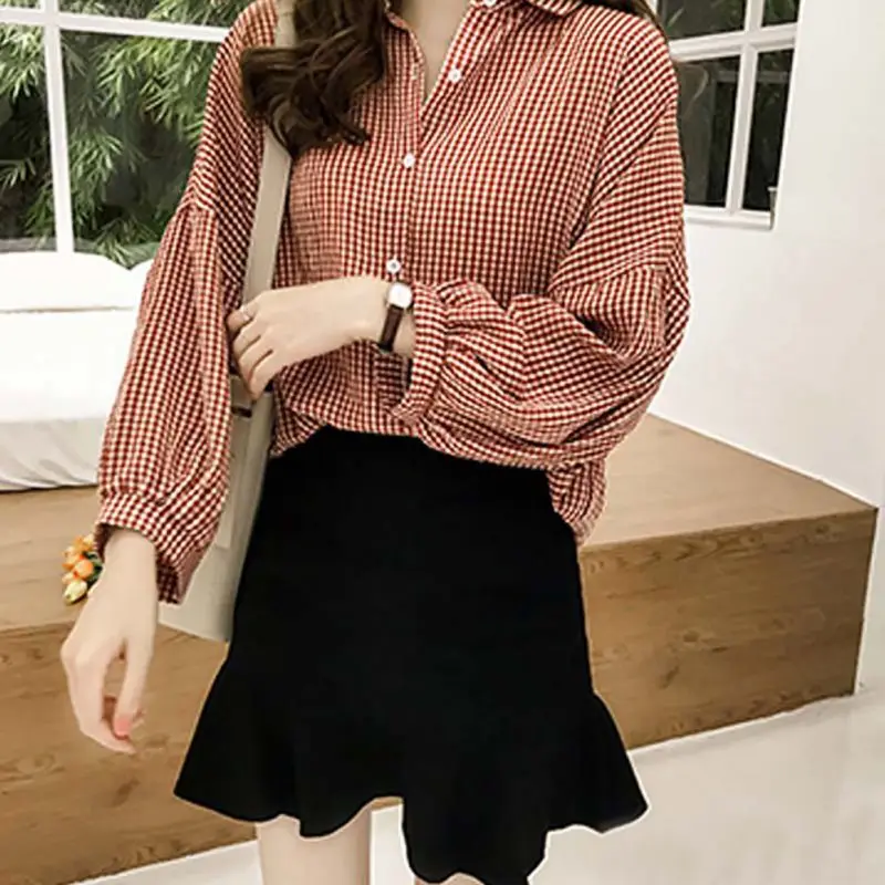 

2019 Fashion Women Striped Plaid Tops And Blouses Casual Long Sleeve Lapel Female Shirt OL Women Blusas Plus Size 4XL