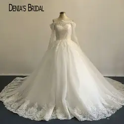 Реальное изображение элегантные с плеча аппликация Кружево Половина рукава пышные Свадебные и Бальные платья