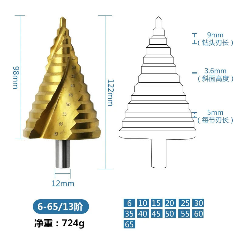 

4241 titanium-plated triangular handle spiral groove step drill 6-65MM steel drill bit step drill hole opener / reaming