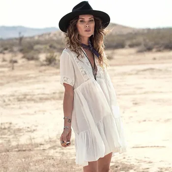 

Loose Beach dress Saida de Praia Cotton Beach Cover up Kaftan Beach Pareos de Playa Mujer Lace Swimsuit Bikini Cover up