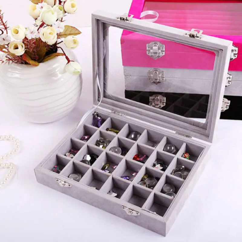 24cells Velvet Glass Jewelry Box Earring Ring Display Organizer Boxes Tray Holder Storage Case Balck Rose Red Blue Gray Coffee (4)