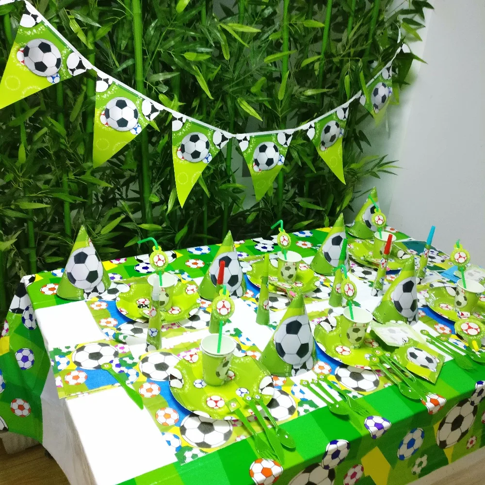 

Cartoon football set Kids Theme Birthday Party Decoration Straws Plates Cup Tablecloth Flag Knife& Fork Spoon Party baby Favors
