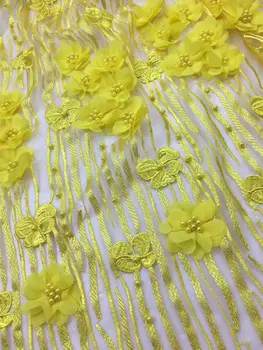 

2017 Yellow 3 d Embroidery mesh tulLe lace fabric 5yards flower pattern beaded african lace fabrics wholesale for wedding party