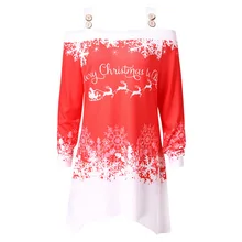 Плюс Размер Рождество Футболка Женские Кнопки Холодного Плеча Снежинка Печати Женщины Длинная Футболка Повседневная Дамы Топ Тис Большой Размер