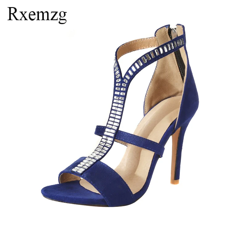 

Rxemzg summer women's bling rhinestones zipper shoes woman sexy thin high heels sandals women wedding party pumps plus size 46
