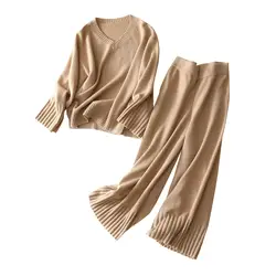 Shuchan 100% кашемир женский комплект 2 шт. свитер + лодыжки длина брюки с эластичной резинкой на талии высокое качество модные дизайнерские 2018