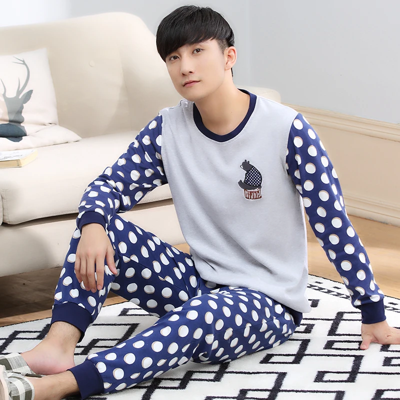 

Spring Autumn 100% Cotton Long Sleeve Men Sleepwear Masculine Pyjamas Sexy Men's Pajama Sets Polka Dot Lounge Fashion Homewear