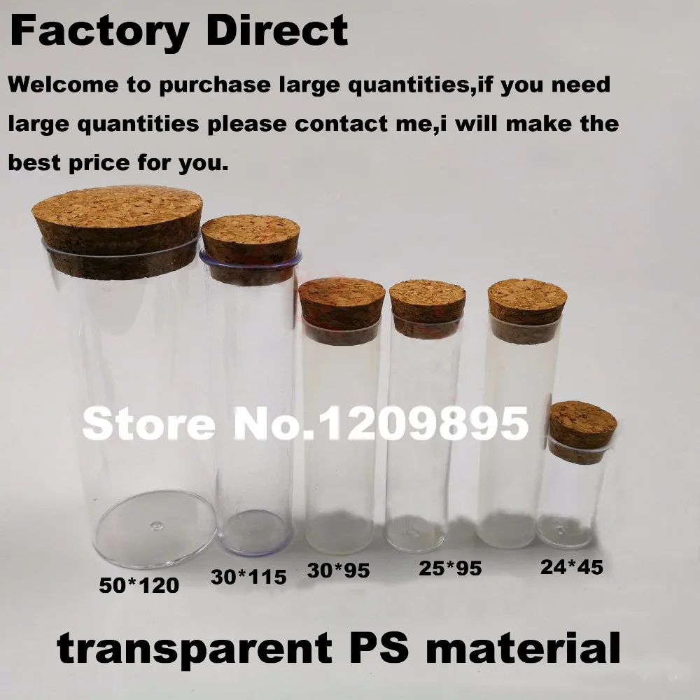 

High quality 30*115mm 65ml Flat bottom plastic tubes with cork Transparent hard PS sample cup Packing tubes free shipping