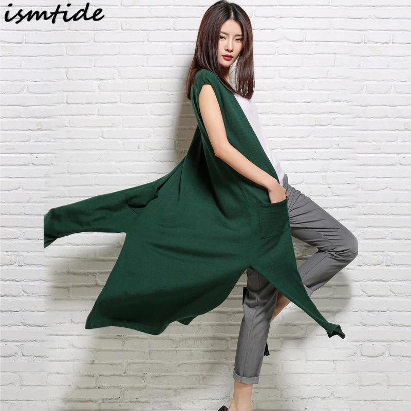 Sleeveless Cardigan Wool Green Knitted Summer Vests Women Waistcoat Outerwear V Neck Knit Long Vest Autumn Yellow Blue Mujer