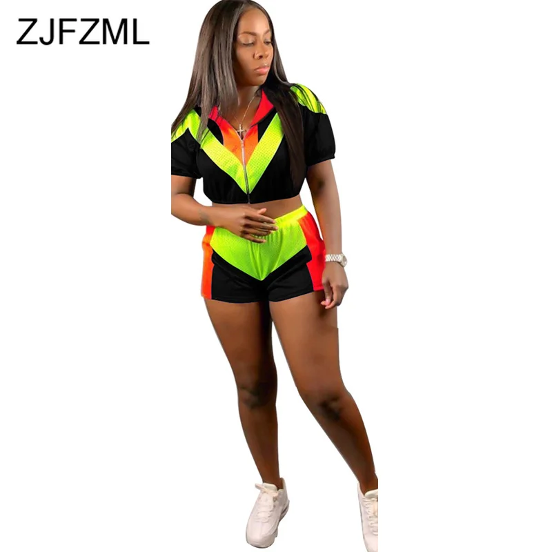 

Neon Breathable Mesh Satin Splice 2 Piece Matching Set Women Front Zipper Short Sleeve Crop Top + Biker Short Casual Tracksuits