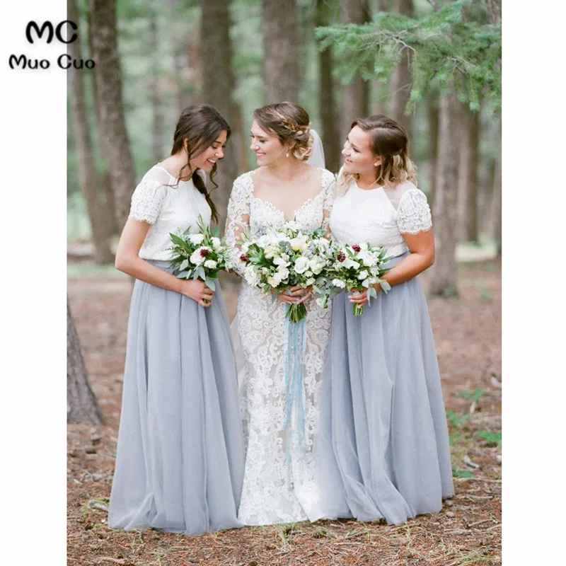 Two Piece Crew Short Sleeves Floor-Length Light Grey Bridesmaid Dress with Lace354