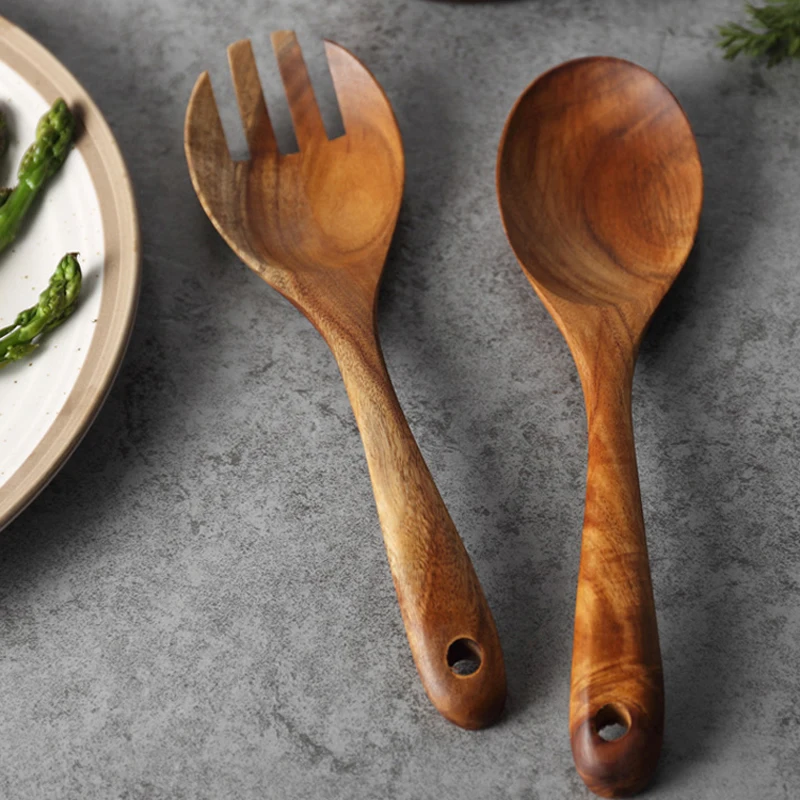 Set of 2 Wooden Forks Spoons Serving Premium Acacia Wood Salad Fork & Spoon Set Wood Cutlery Utensil Tableware (6)