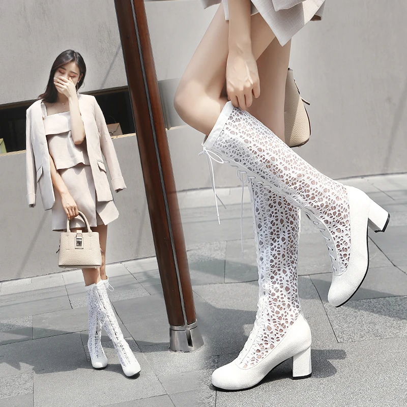 

2019 Hollow Boots Shoes Breathable Knit Line Mesh Korean High Summer Women Boots Knee High Womens Shoes