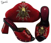 Gorgeous wedding/party high heel pump shoes and purse bag set with rhinestones JZS-04 in red, heel height 9cm