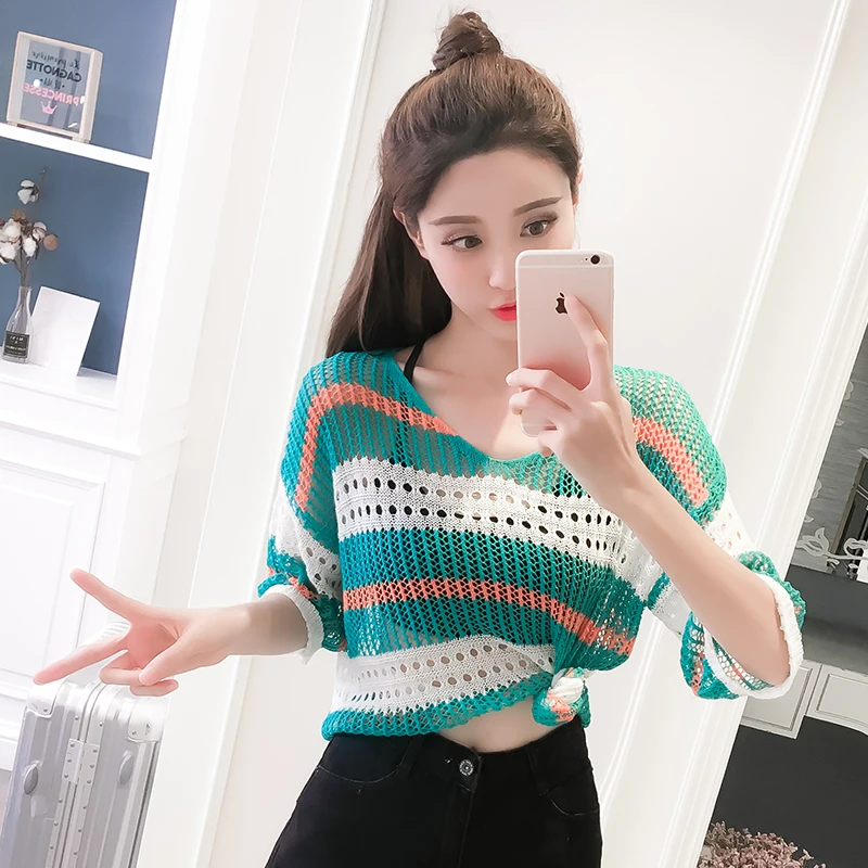 

Sexy Women Pullovers Half Sleeve Knitted Shirt Stripe Mesh Hollow Sweater Female Fashion Loose Tops Casual 2019 Spring Summer