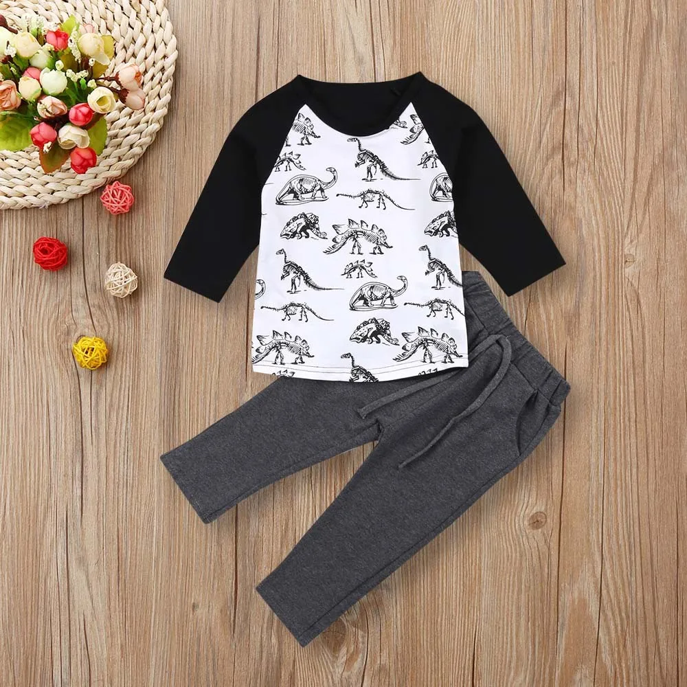 

2018 New Baby Long Sleeve Children Kid Baby Boys Girls Dinosaur Bone Print Tops+Pants Casual Set Clothes 1-7T Kids Clothes Suits