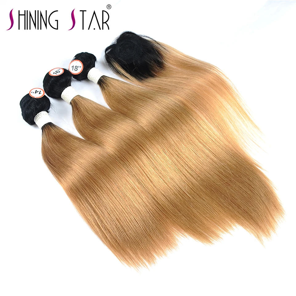 T1B 27 Honey Blonde Ombre 3 Brazilian Straight Hair Bundles With Closure Human Hair Weave With Closure Shiningstar Non Remy Hair