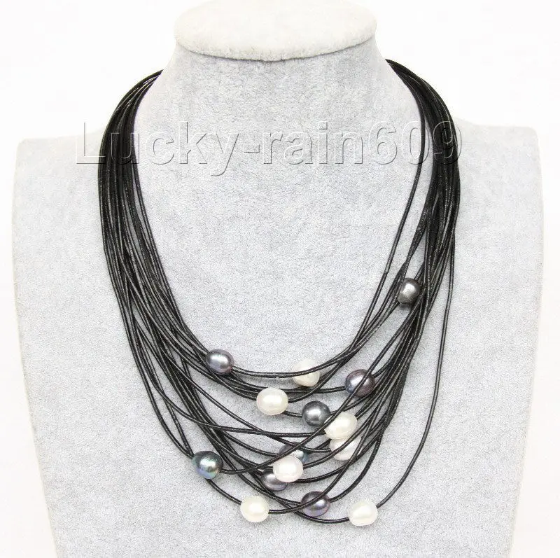 

shipping 17"-24" 13mm 15row white black pearls Black leather necklace e2361