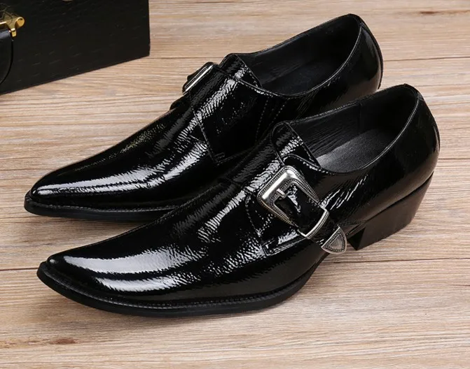 Лидер продаж; итальянские Мужские модельные туфли с острым носком; мужские свадебные туфли из натуральной кожи; Роскошные Брендовые мужские свадебные туфли на высоком каблуке с пряжкой - Цвет: black