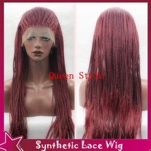 New Design Half Hand Synthetic Lace Front Wig Box Braided Lace Front Wigs Free Part Style Burgundy Full Hair Box Braids Hair Wig