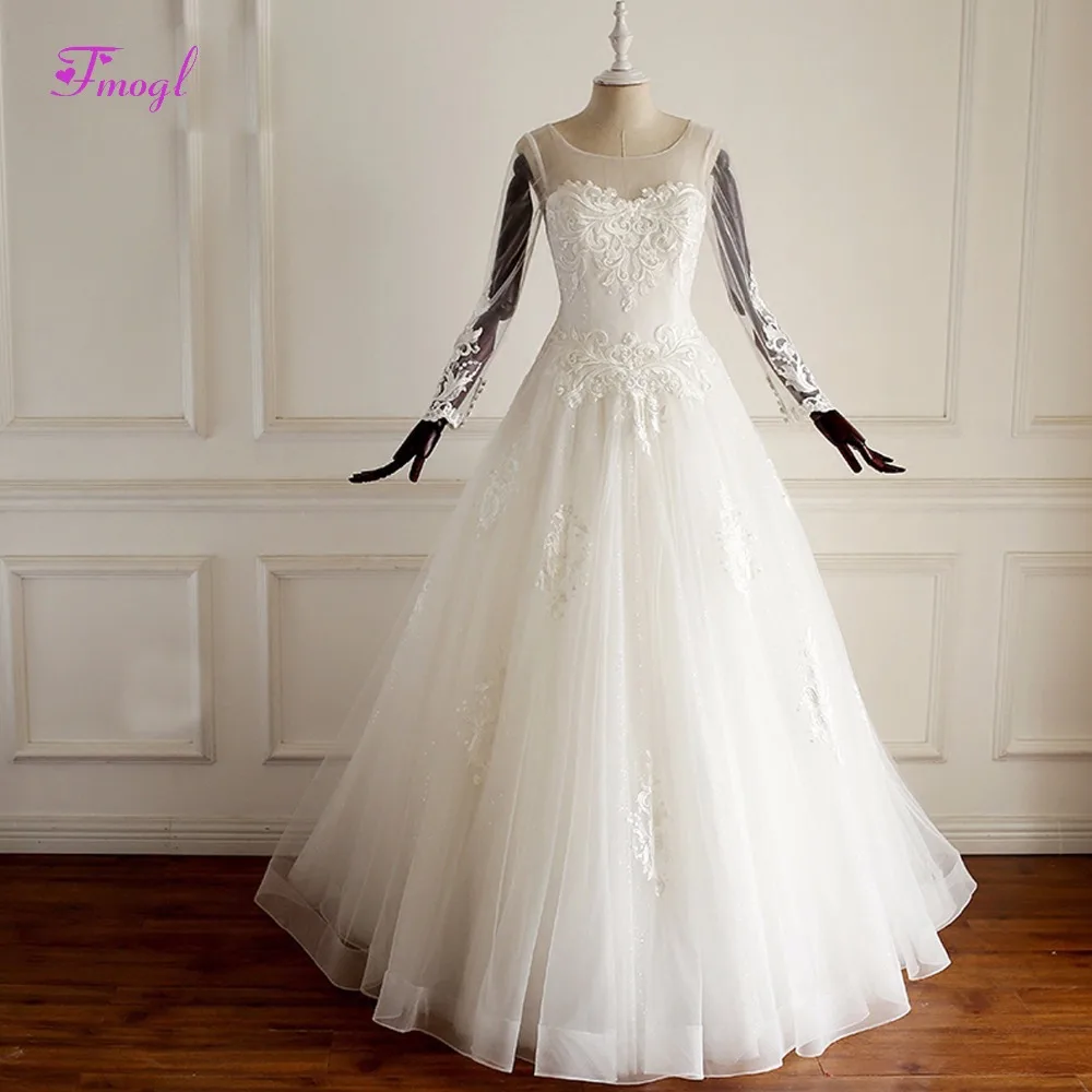 

Fmogl Fashion Scoop Neck Lace Up Long Sleeve A-Line Wedding Dress 2019 Graceuful Appliques Bohemian Bride Gown Vestido de Noiva