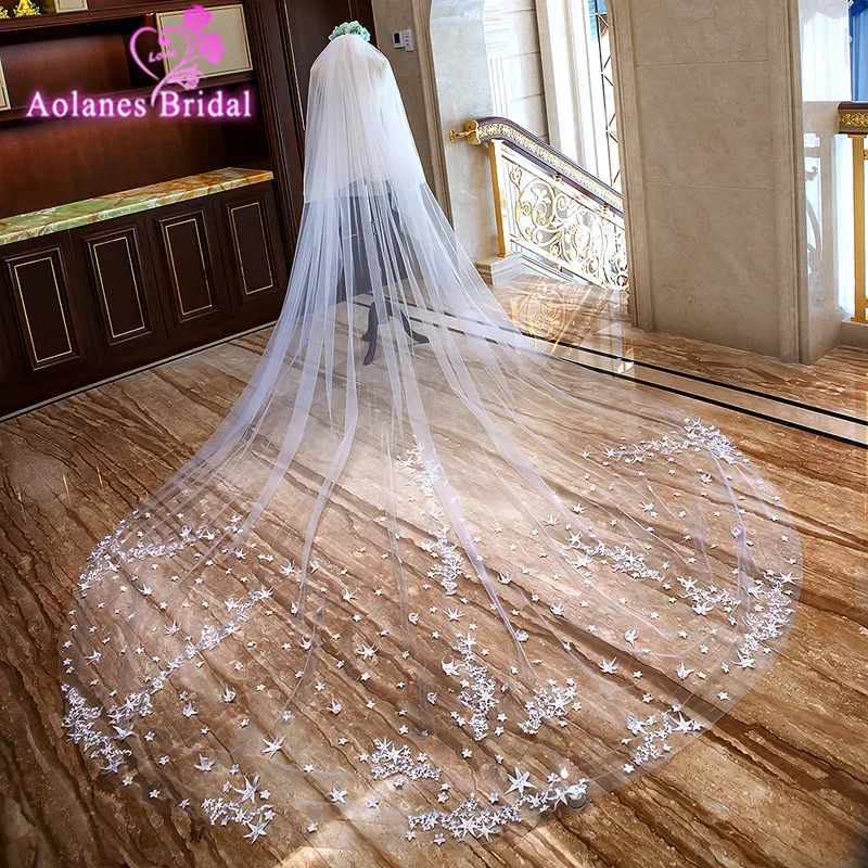 

2018 Natural White 3M 3.5M Long Star Appliques Cathedral Wedding Veil Two-layer Bridal Veils Wedding Accessories Veu De Noiva