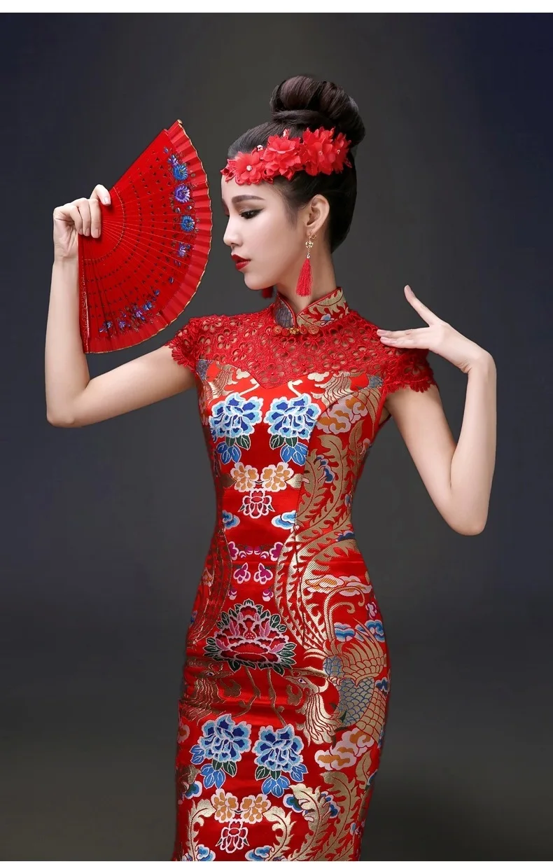 Китайские вечерние платья Cheongsam красные полые спинки атласные дракон феникс Ципао вечернее летнее рыбий хвост длинное свадебное платье