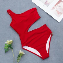 Купальный костюм на одно плечо, Цельный купальник с молнией сбоку, Женский монокостюм, Одноцветный купальник, Женский Монокини