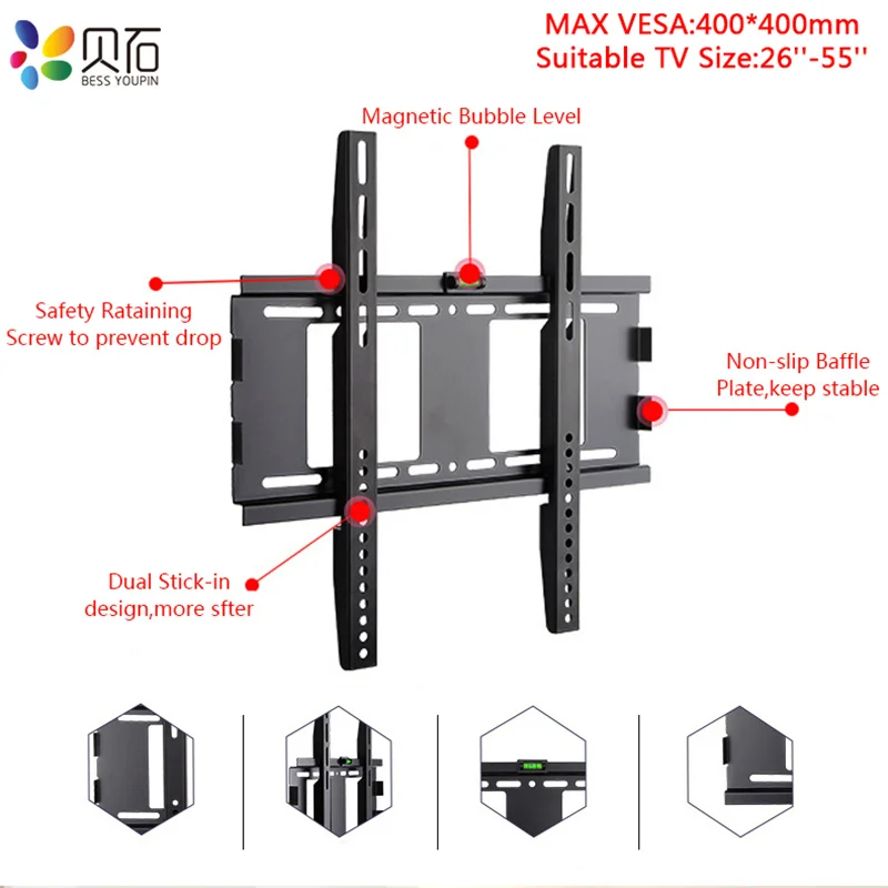 Universal 40KG TV Wall Mount Bracket Fixed Flat Panel TV Frame for 26-55 Inch LCD LED Monitor Flat Panel TV Stand Holder Universal 40KG TV Wall Mount Bracket Fixed Flat Panel TV Frame for 26-55 Inch LCD LED Monitor Flat Panel TV Stand Holder